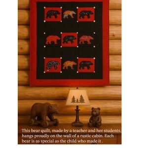 Handmade Bear Applique Wall Hanging Quilt Black Red 20x40 Inches